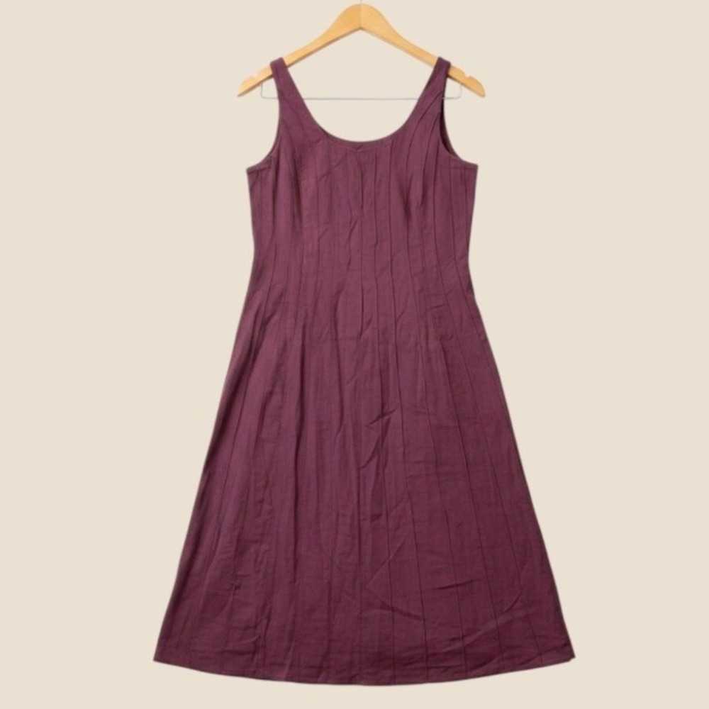 Eileen Fisher Midi Dress Pintuck Pleated Cotton XS Burgundy Minimalist Earthy